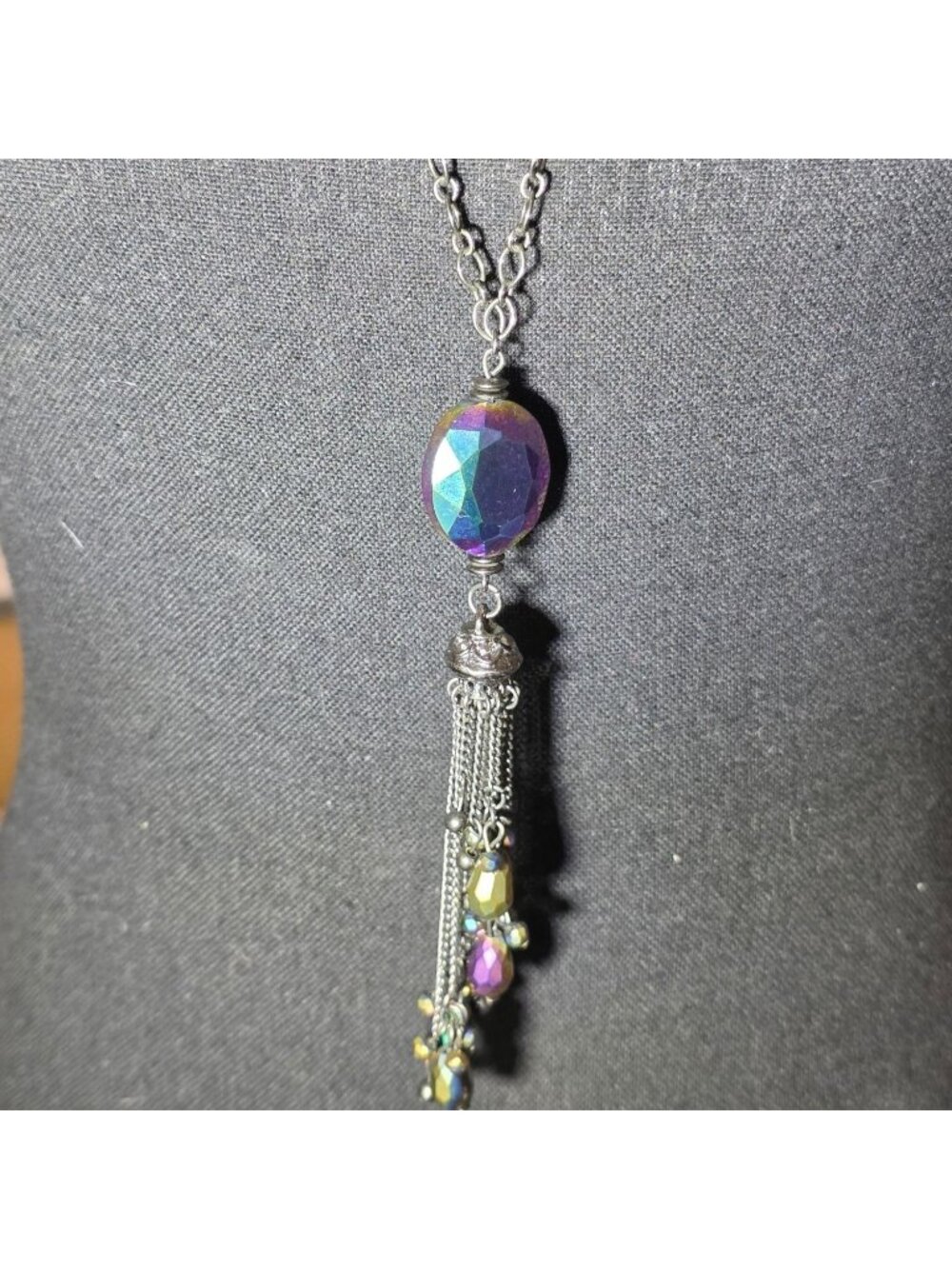 Iridescent Beaded Tassel Chain Necklace Faceted Pendant Dangling Charms Jewelry